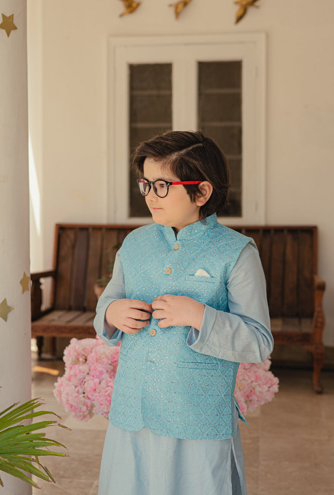 Sky Blue Embroidered Waistcoat